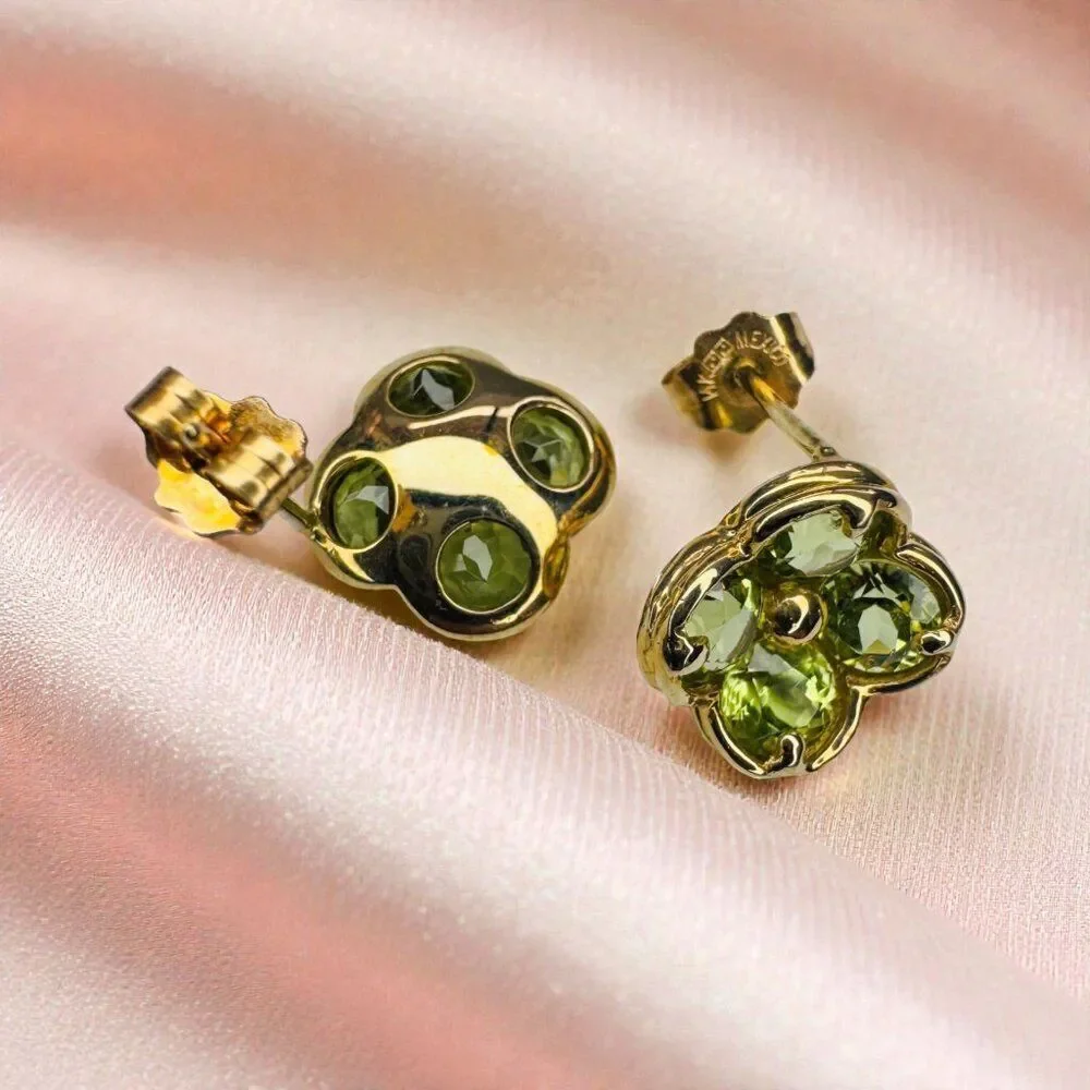 14K Yellow Gold- Natural Peridot Earrings - 1.25CT -Clover Flower Studs 2.5g